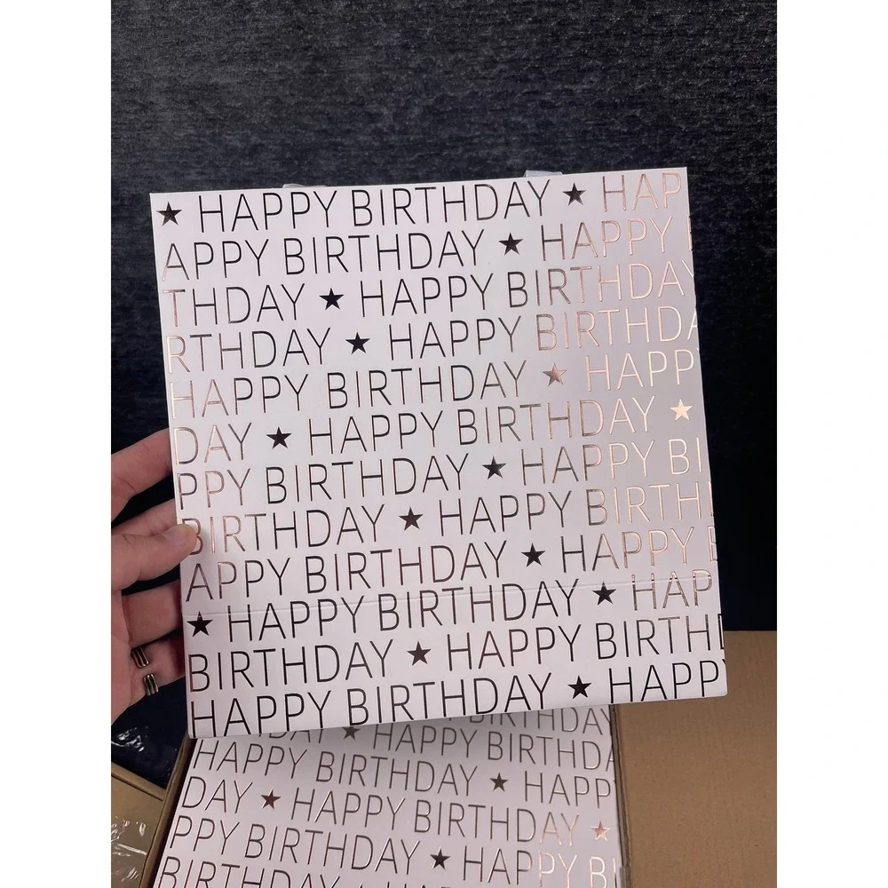12 Pack Happy Birthday Gift Bags‎ Rose Gold Foil White 10x10x4.5 Ribbon Handle
